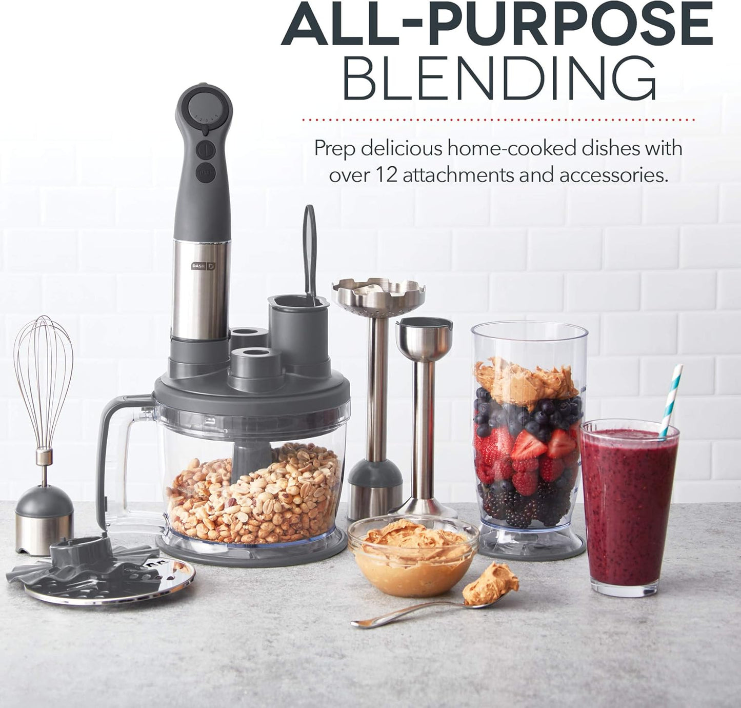 Chef Series Deluxe Immersion Hand Blender, 5 Speed Stick Blender with Stainless Steel Blades, Dough Hooks, Food Processor, Grate, Mash, Slice, Whisk Attachments and Recipe Guide – Cool Grey