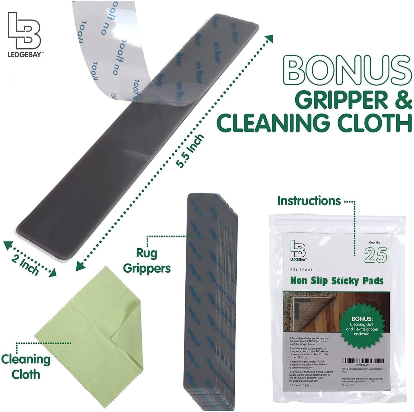 Rug Pad Grippers for Area Rugs Pack of 25 Reusable, No Skid, Washable, Anti-Slip Pads, Rug Gripper for Hardwood Floors and Tile with Double-Sided, Self Adhesive Rug Tape to Keep Rugs Flat