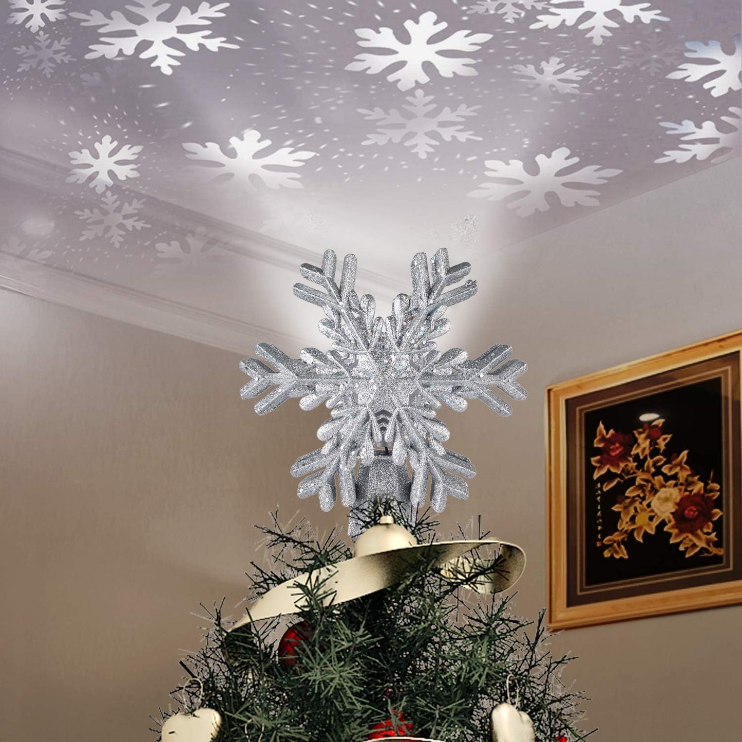 Christmas Tree Topper, Star Tree Topper Lighted Indoor with Rotating 3D Silver Snowflake LED Projector Hollow Glitter Lighted for Xmas Tree Christmas Decorations Holiday