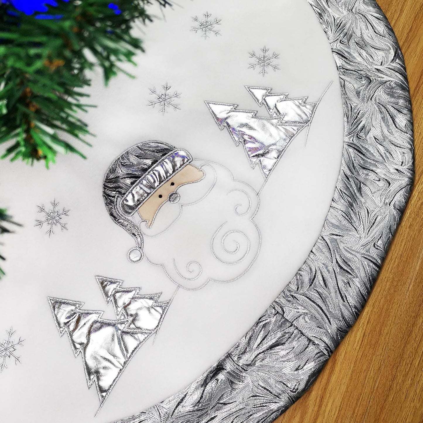 36'' Luxury Silvery Christmas Tree Skirt Santa Embroidered White Santa Claus Snowflake with Satin Border Xmas Tree Skirt Christmas Tree Ornaments Gifts