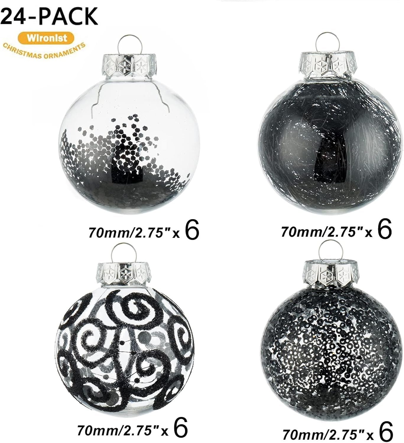 Christmas Ball Ornaments Shatterproof Clear Large Plastic Hanging Ball Decorative Baubles Set with Stuffed Delicate Decorations (70Mm/2.76", Black)