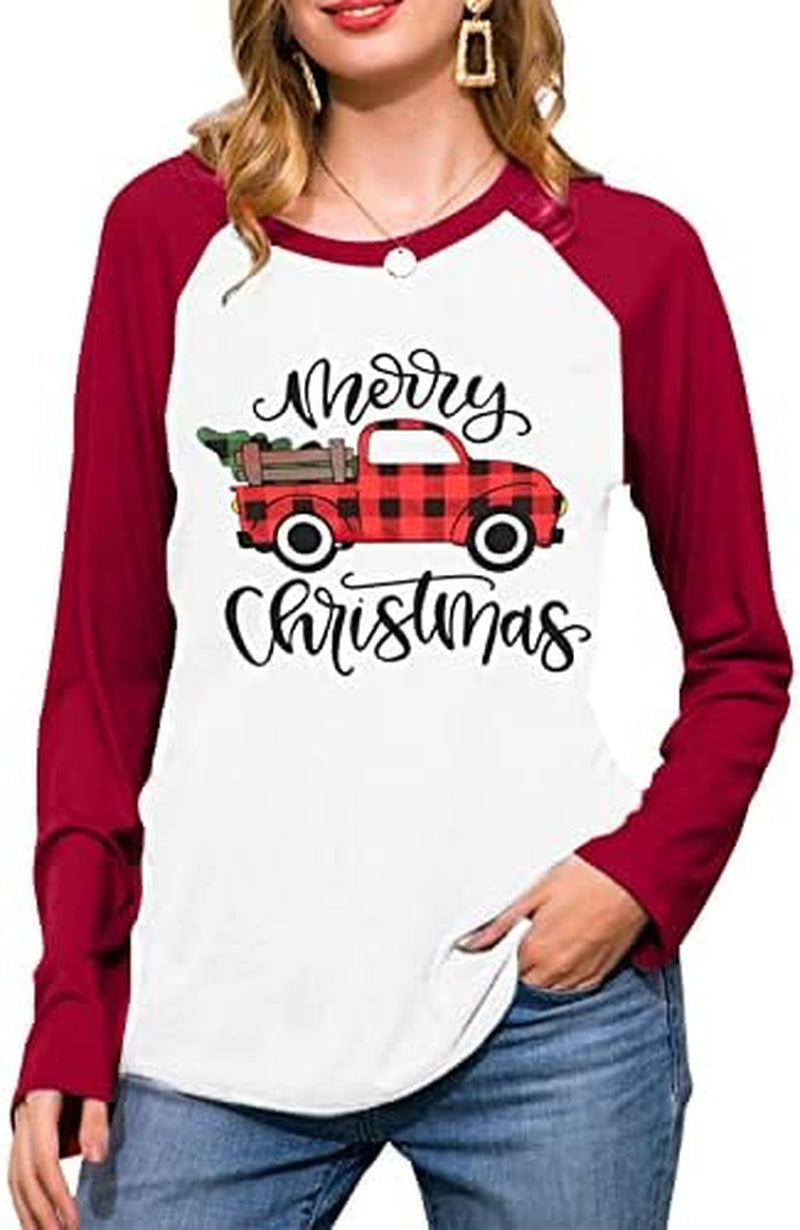 Christmas Shirts for Women Christmas Long Sleeve Raglan Shirt Christmas Plaid Truck Tree Graphic Splicing Top Red