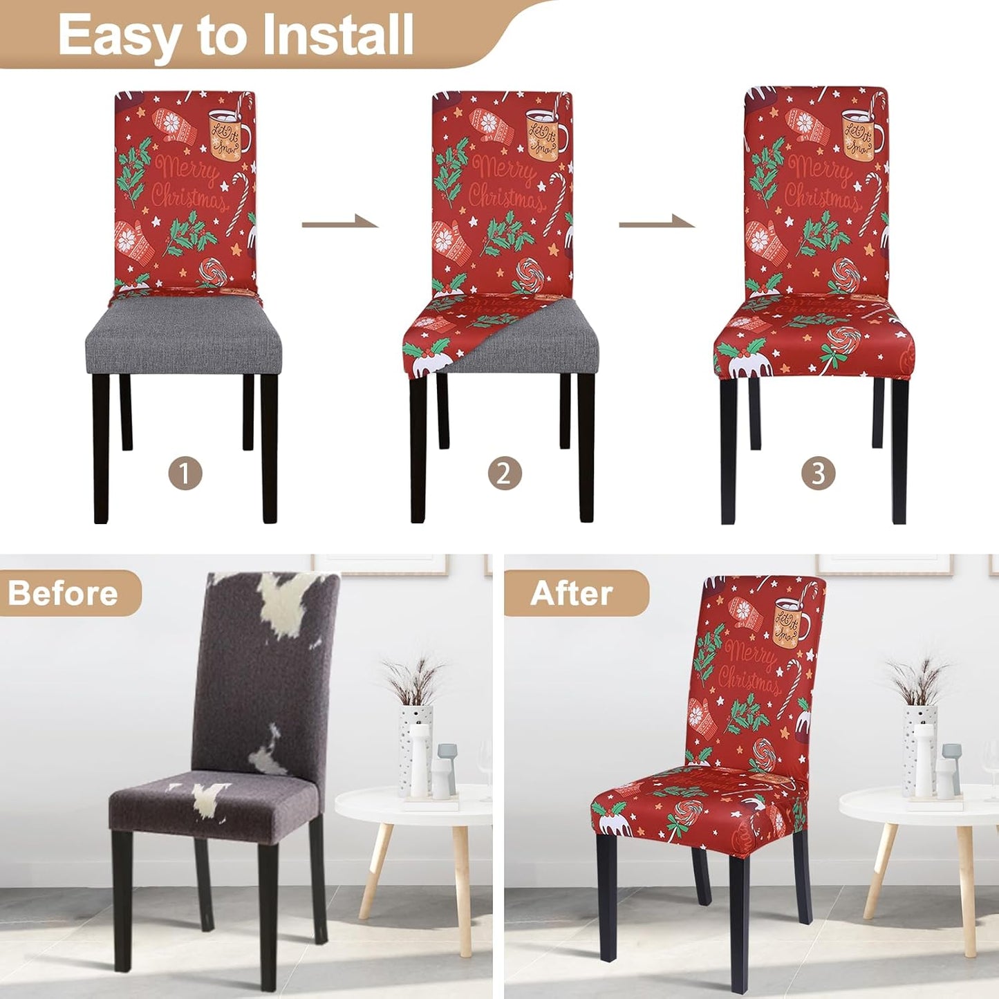 Christmas Dining Chair Covers Set of 6,Stretch Printed Kitchen Chair Cover Washable Spandex Xmas Parsons Chair Protector Slipcovers for Christmas Decoration,Holiday Party(Xmas Red)
