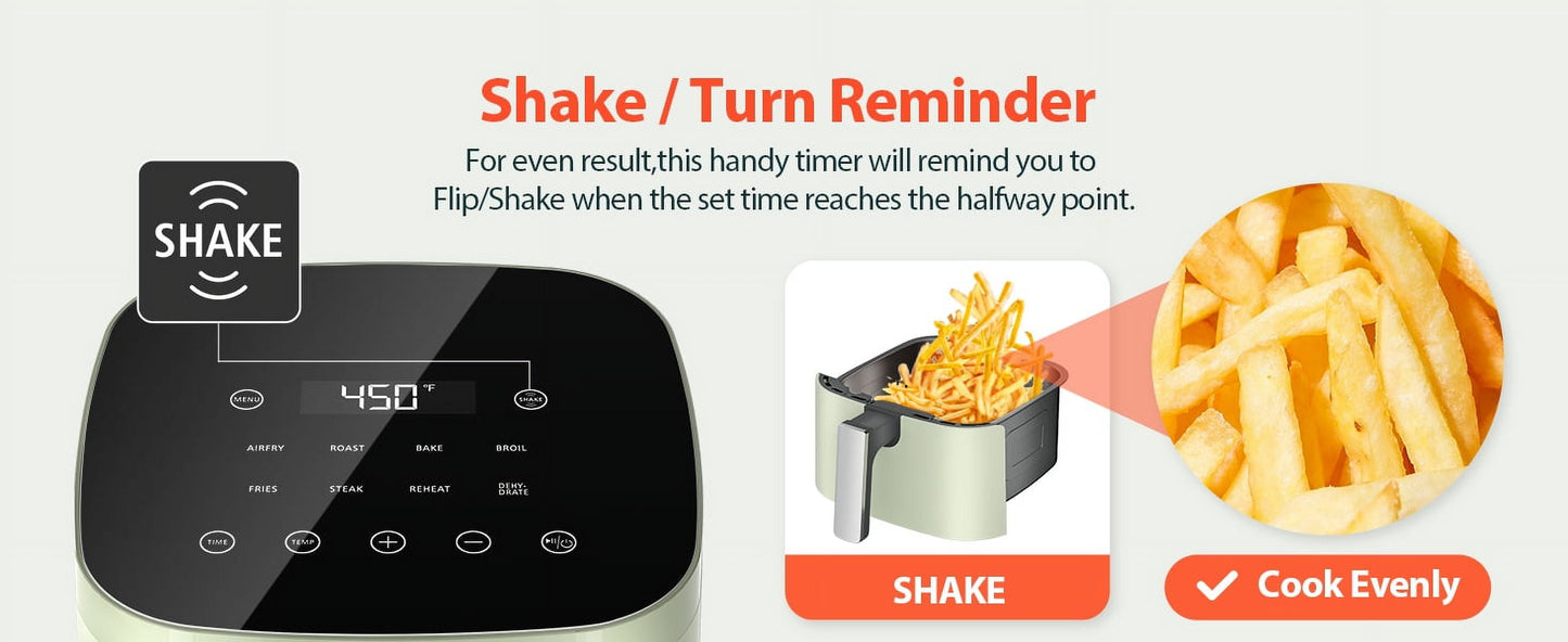 Air Fryer, 8-In-1 Smart Compact 4QT Air Fryers, Shake Reminder,450°F Digital Airfryer with Flavor-Lock Tech,Tempered Glass Display, Dishwasher-Safe & Nonstick,Fit for 1-3 People, Green