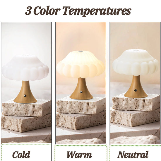 Wooden Mushroom Lamp, Mushroom Bedside Table Light, 3 Colors Adjustable LED Small Night Light