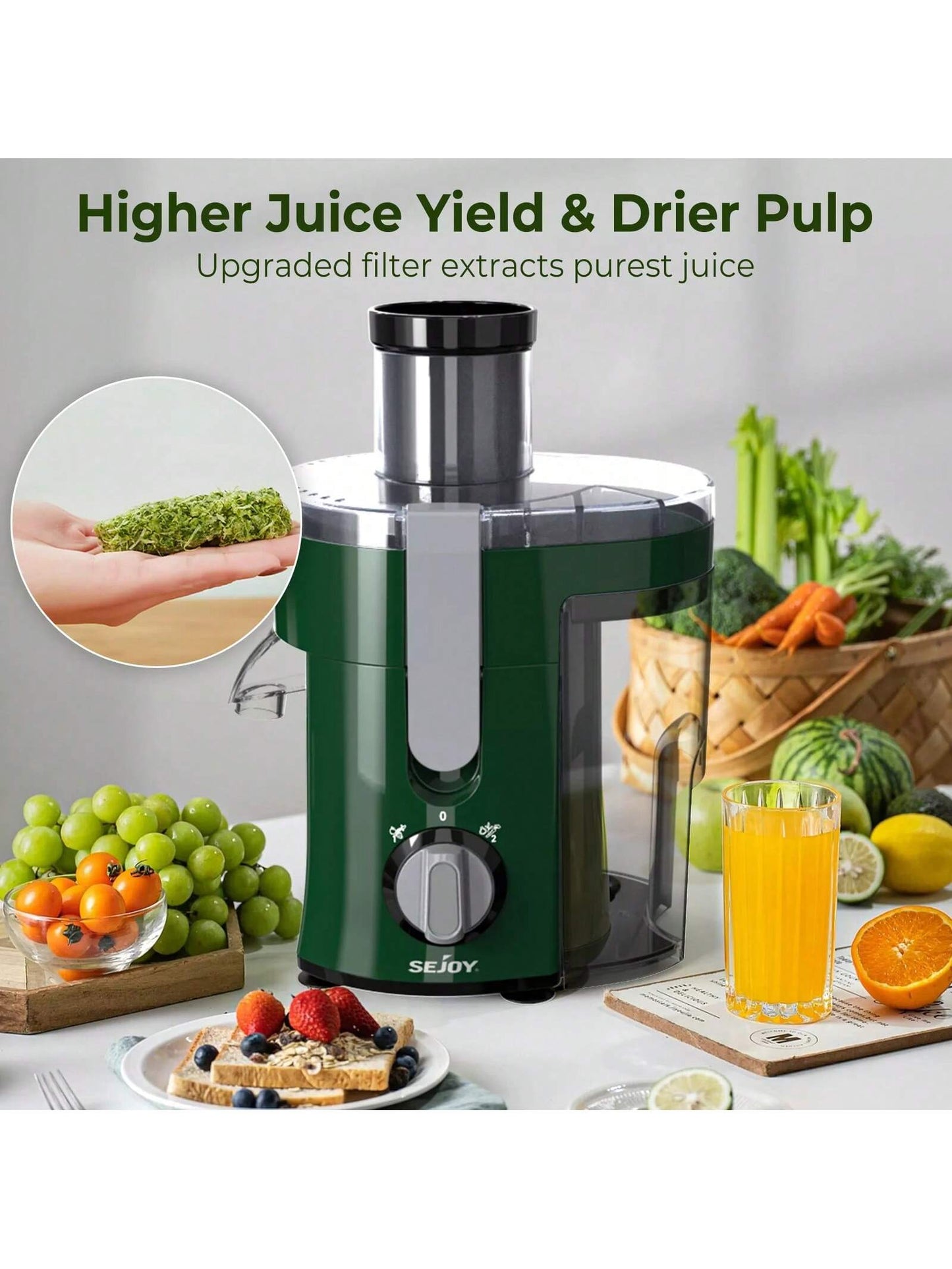 Sejoy Electric Juicer, Large-Diameter Centrifugal High-Speed Juicer, 2 Speed Modes, Multiple Safety Functions, Suitable for Fruits and Vegetables, Easy to Clean, Easy to Operate