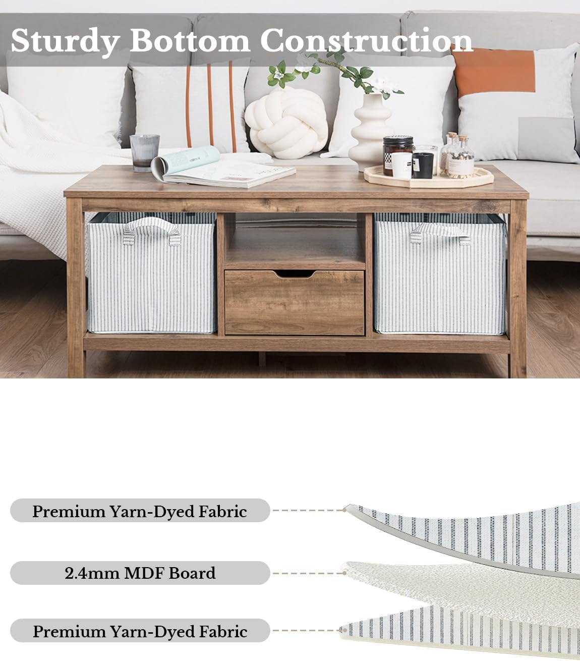 Storage Bins, Fabric Storage Bins for Shelves, Large Storage Baskets with Metal Frame, Closet Baskets and Bins with Handles, Gray and White Stripes, 2-Pack