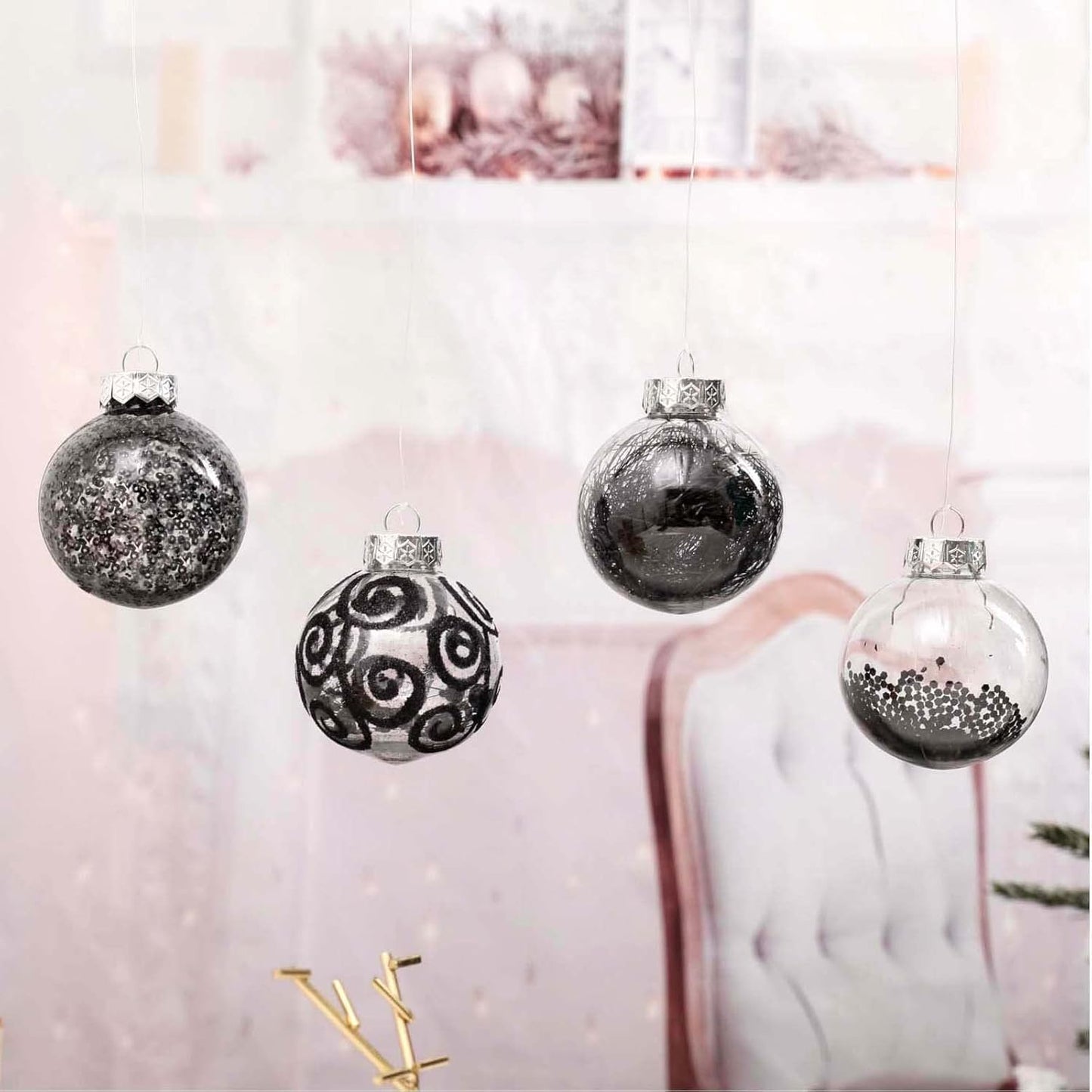 Christmas Ball Ornaments Shatterproof Clear Large Plastic Hanging Ball Decorative Baubles Set with Stuffed Delicate Decorations (70Mm/2.76", Black)