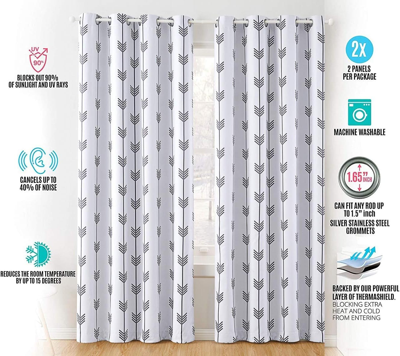 Arrow Printed Privacy Blackout Energy Efficient Room Darkening Thermal Grommet Window Curtain Drape Panels for Kids Bedroom - Set of 2 - Platinum White/Grey - 84" Inch Long
