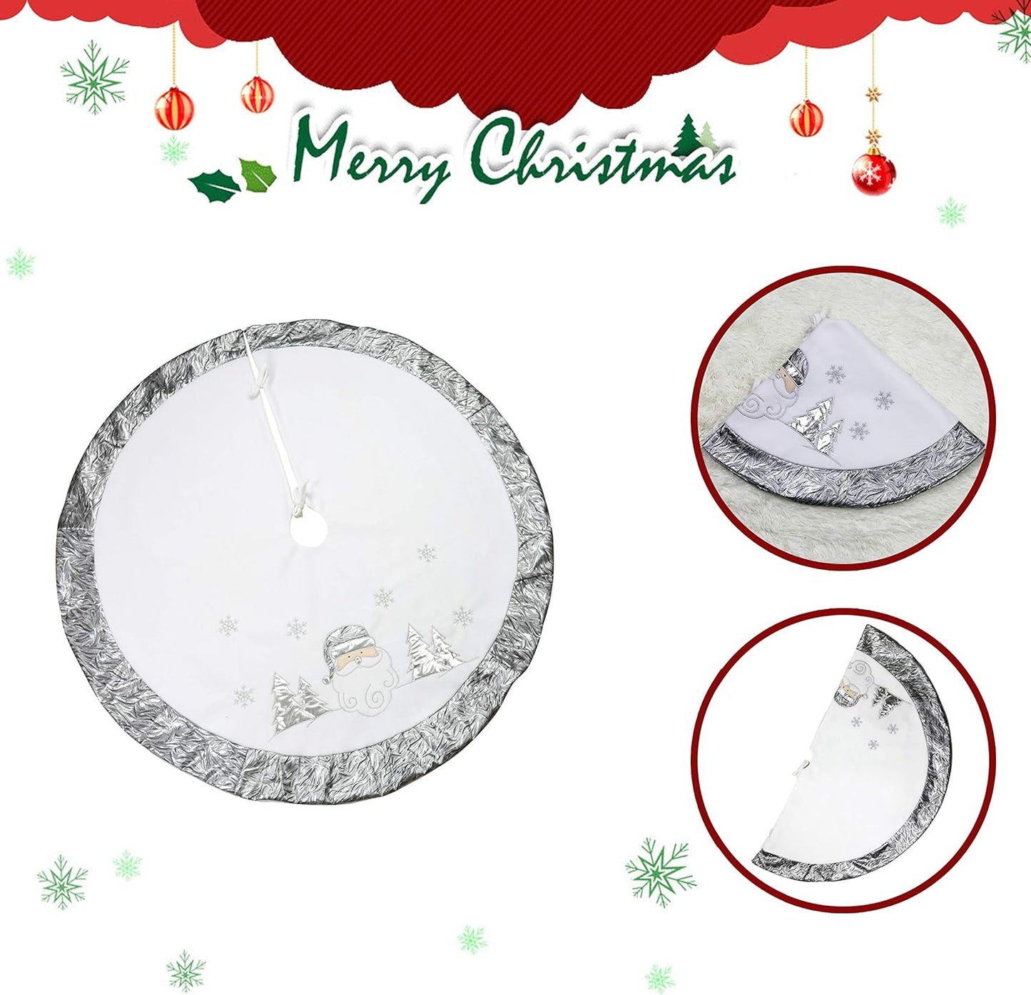 36'' Luxury Silvery Christmas Tree Skirt Santa Embroidered White Santa Claus Snowflake with Satin Border Xmas Tree Skirt Christmas Tree Ornaments Gifts