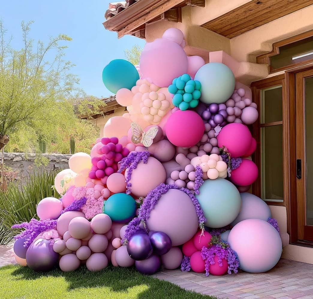 Pastel Purple Pink Balloons Lavender Teal Balloon Garland Metallic Lilac Blue Balloons Different Size Green and Orange Balloon Arch Kit for Encanto Birthday Butterfly Baby Shower Princess Party Supply