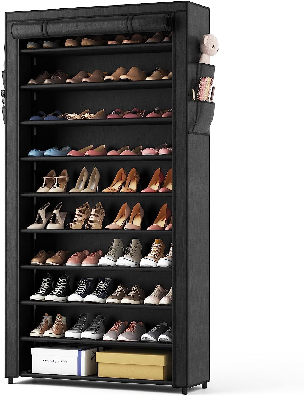10 Tier Shoe Rack with Covers,Large Capacity Stackable Tall Shoe Shelf Storage to 50-55 Pairs Shoes and Boots Sturdy Metal Free Standing Shoe Rack Organizer for Closet Entryway Garage