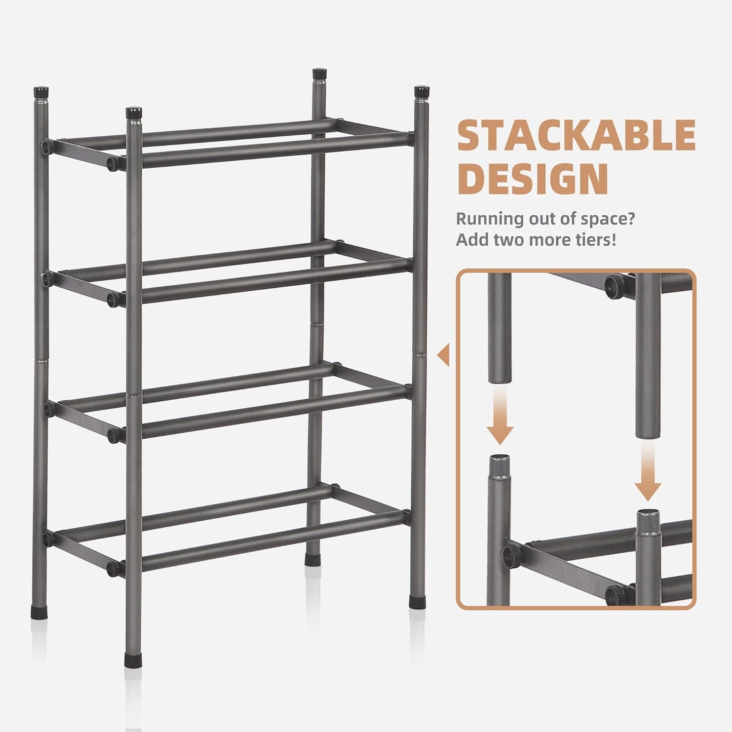 Expandable Shoe Rack, 8 Pairs Stackable Small Shoe Rack, Metal Adjustable Shoes Organizer for Closet, Entryway, Hallway, Garage, Front Door, Shoes Shelves, Black 2 Tier