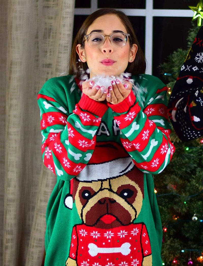 Pug Christmas Sweater for Men Women Adult Unisex Santa Paws Ugly Xmas Holiday Tacky Sweater