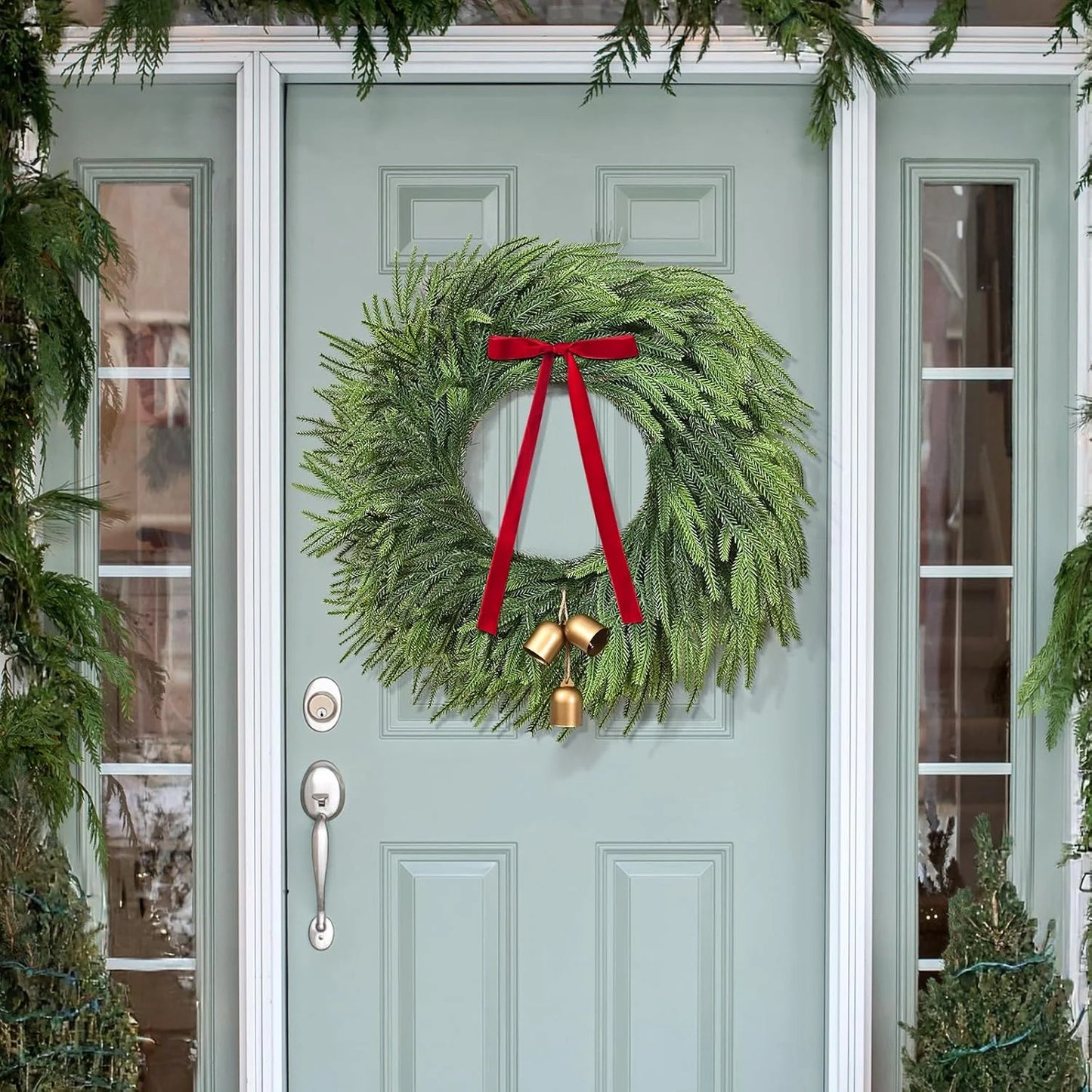 Norfolk Christmas Wreath with Lights,24 Inch Pre-Lit Artificial Holiday Wreath with Bow & Bells, Battery Operated, Front Door Christmas Decorations Indoor Outdoor