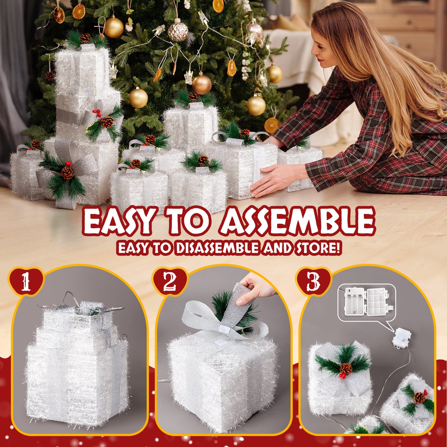 3 X Christmas Lighted Gift Boxes Decorations Holiday Party Home Yard, White