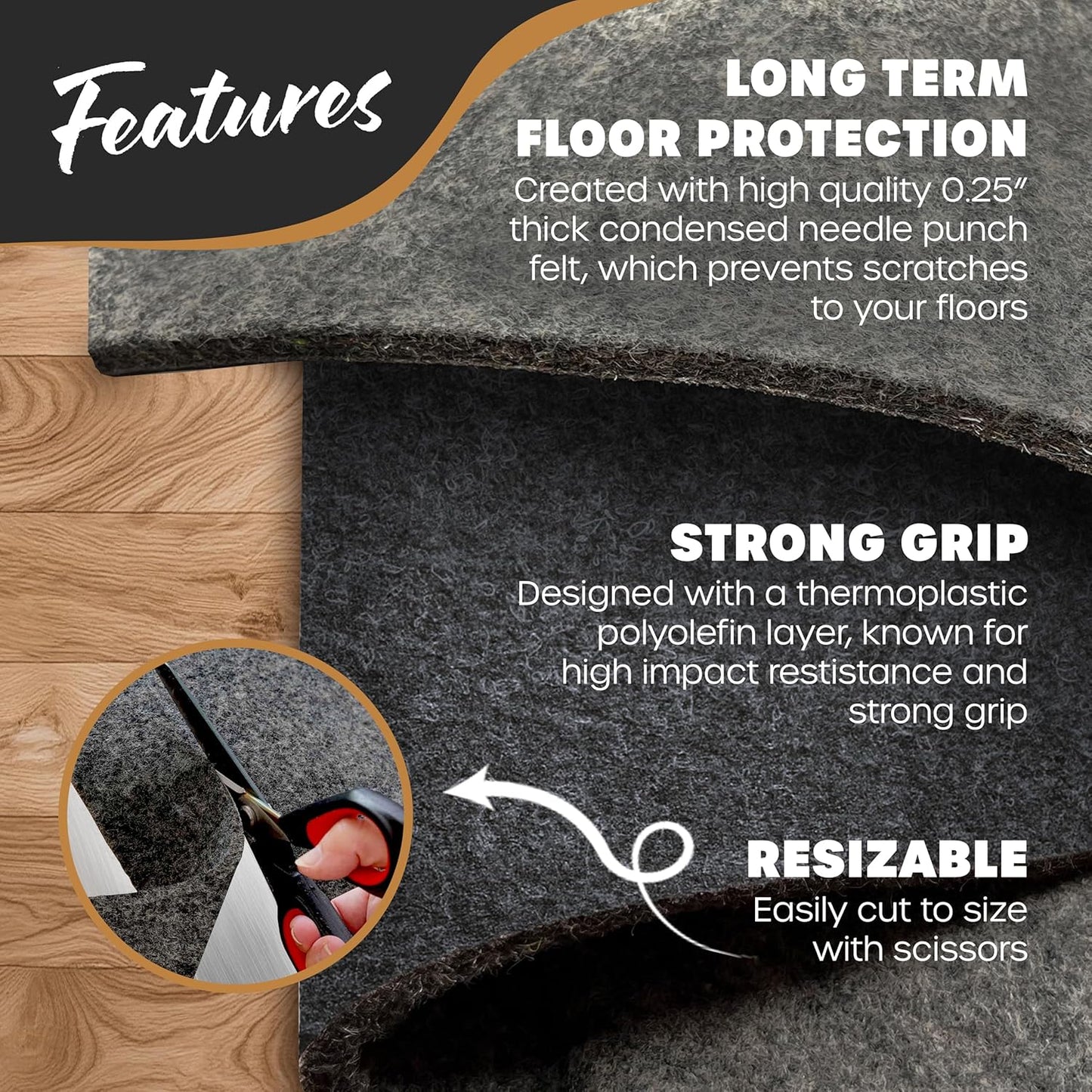 5'X7' Felt TPO Non Slip Rug Pad | 1/4" Thick Rug Cushion | anti Slip Grips for Hardwood Floors