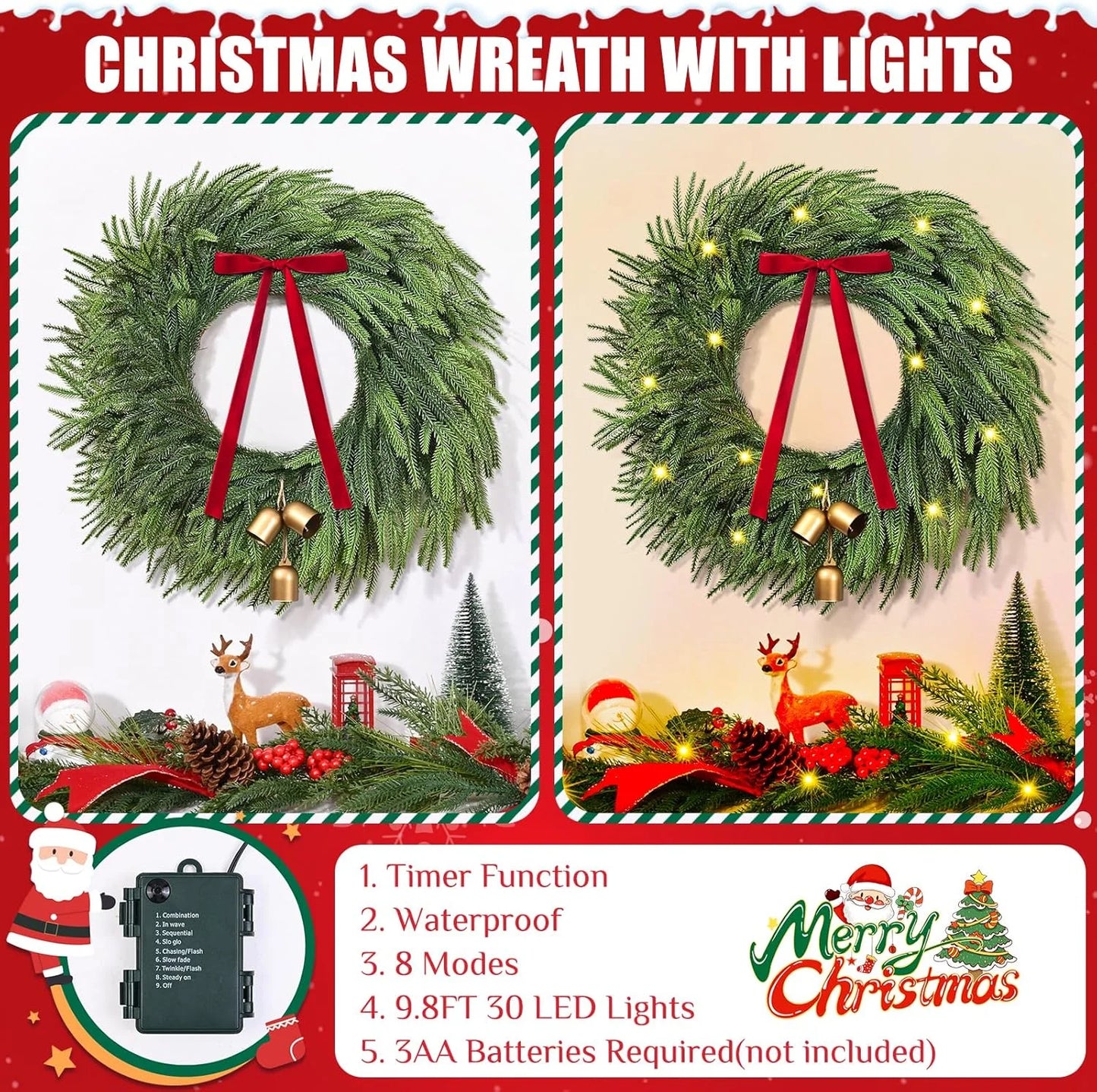 Norfolk Christmas Wreath with Lights,24 Inch Pre-Lit Artificial Holiday Wreath with Bow & Bells, Battery Operated, Front Door Christmas Decorations Indoor Outdoor