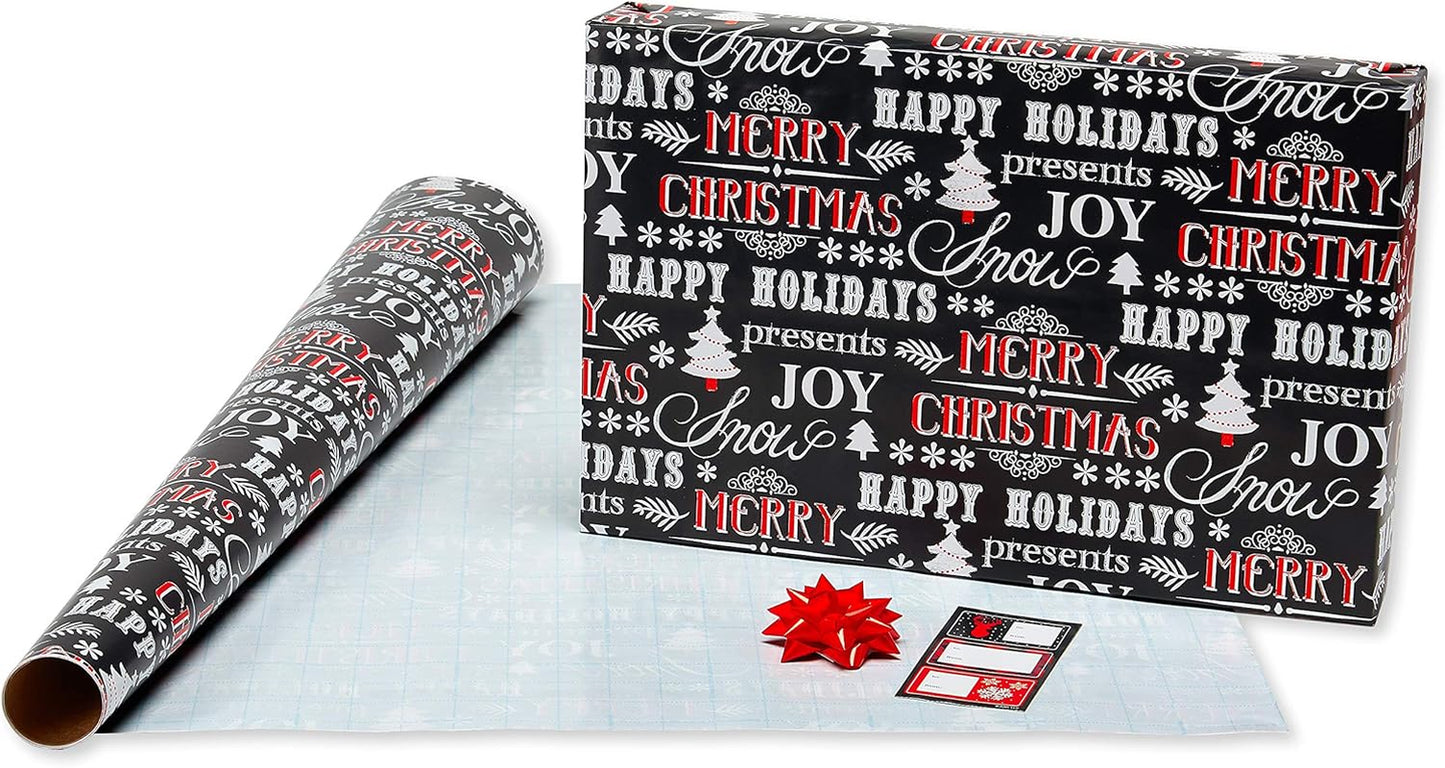 Buffalo Plaid Christmas Wrapping Paper Set, Red and Black Holiday Gift Wrap (120 Sq. Ft., 4 Rolls-30 In. X 12 Ft., 7 Adhesive Bows, 30 Gift Tag Stickers) Snowflakes and Reindeer