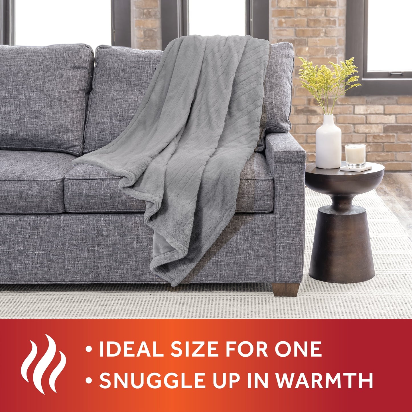 Grey Faux Fur Heated Electric Throw Blanket