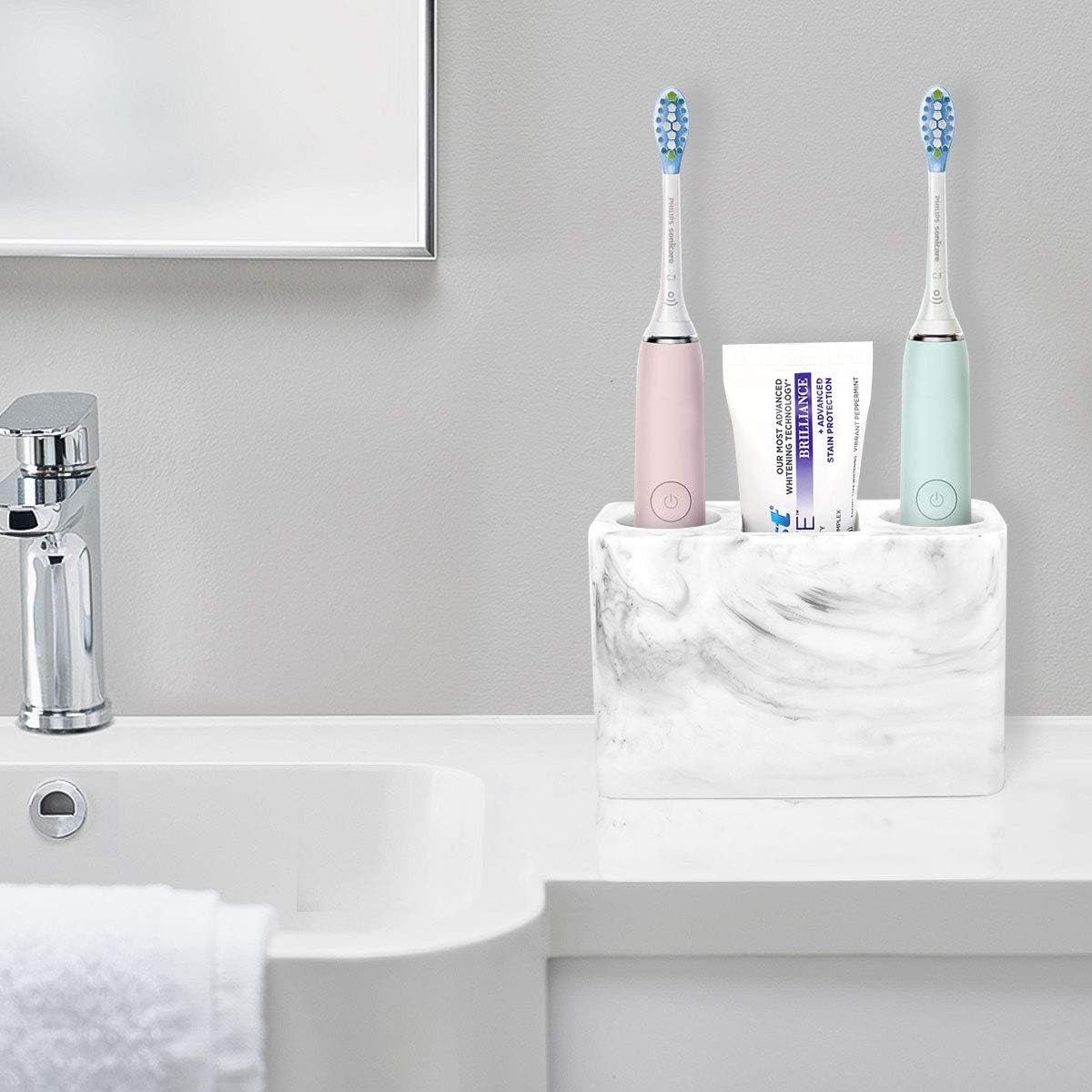 Electric Toothbrush Holder, 3 Slots Large Marble Toothbrush Toothpaste Stand, Resin Storage for Bathroom Accessories Vanity Counter Sink Organizer Caddy Marble Style- Ink White