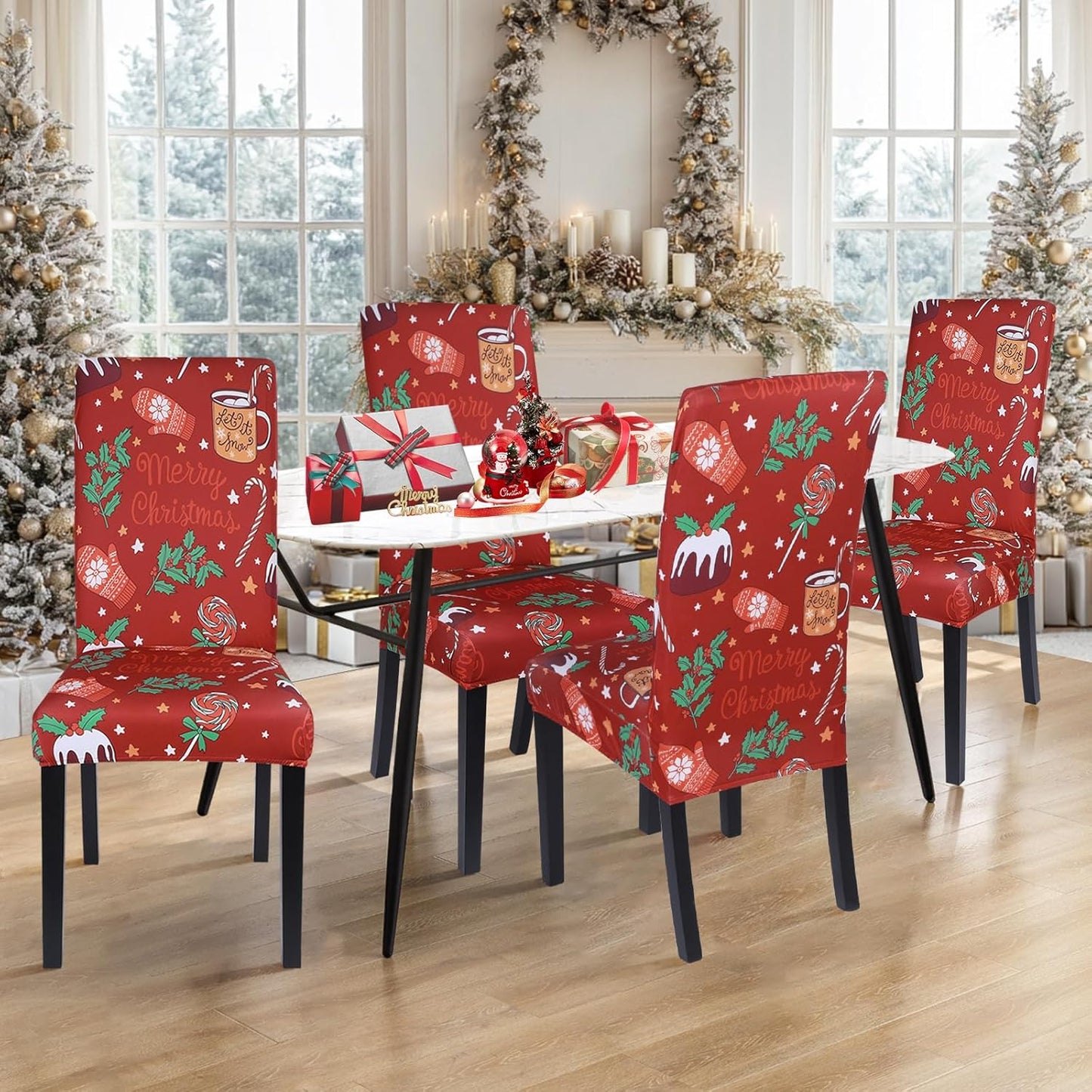Christmas Dining Chair Covers Set of 6,Stretch Printed Kitchen Chair Cover Washable Spandex Xmas Parsons Chair Protector Slipcovers for Christmas Decoration,Holiday Party(Xmas Red)