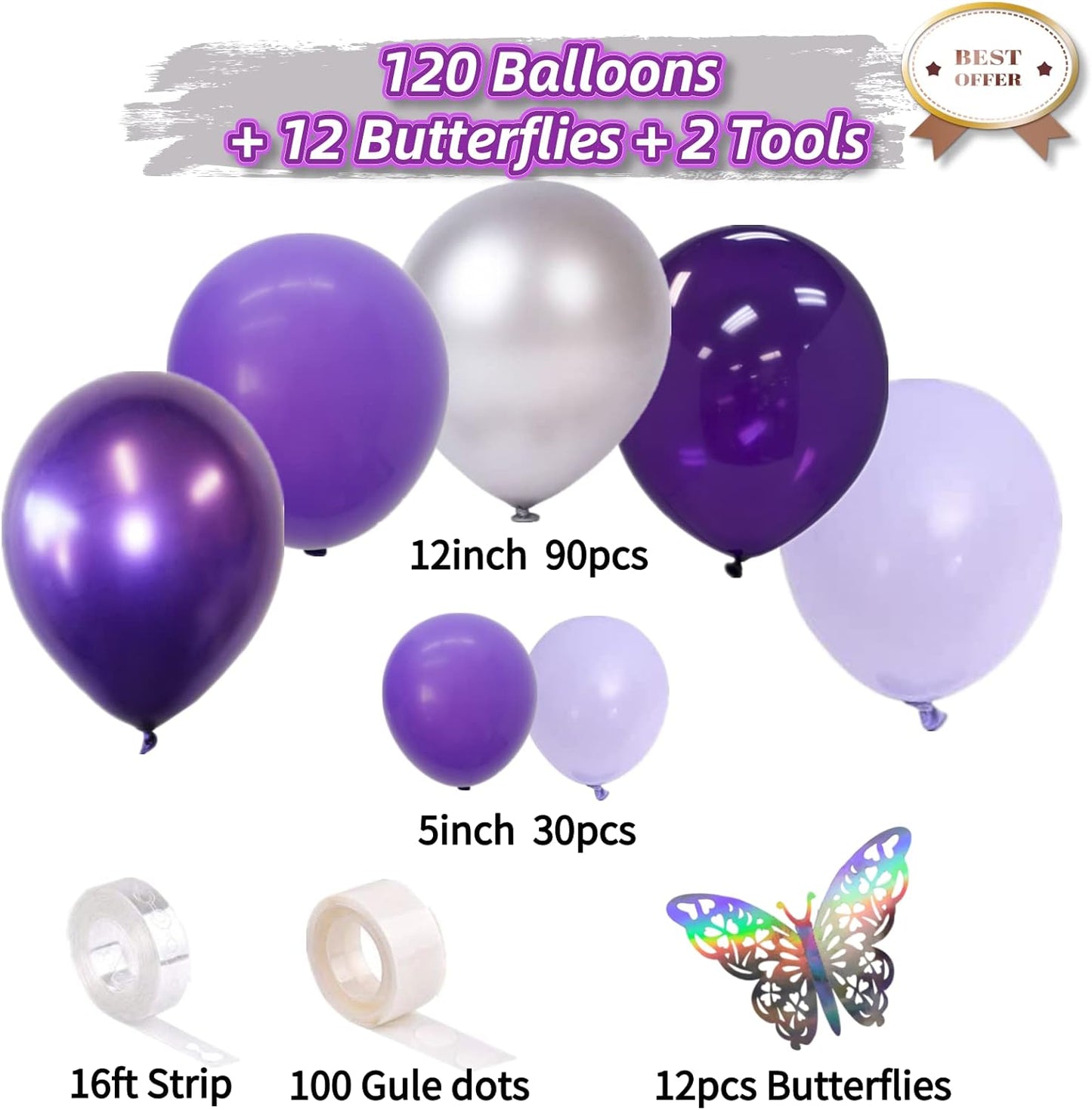 132Pcs Purple and Silver Balloon Garland Kit with Butterfly - Metallic Balloons for Baby Shower, Wedding, Birthday