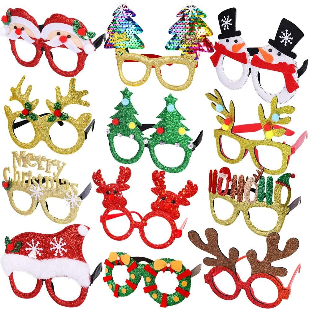 Max Fun 12Pcs Christmas Glasses Glitter Holiday Party Glasses Frames Christmas D