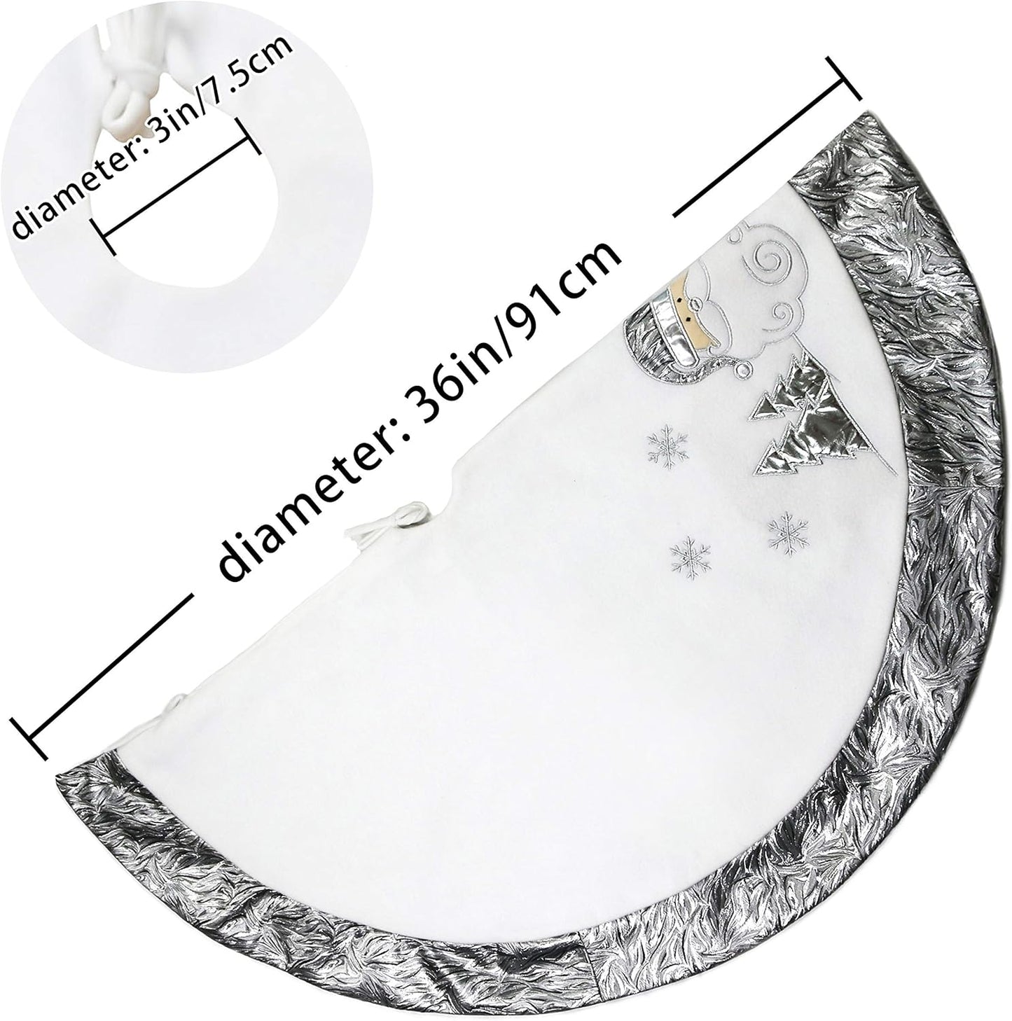 36'' Luxury Silvery Christmas Tree Skirt Santa Embroidered White Santa Claus Snowflake with Satin Border Xmas Tree Skirt Christmas Tree Ornaments Gifts