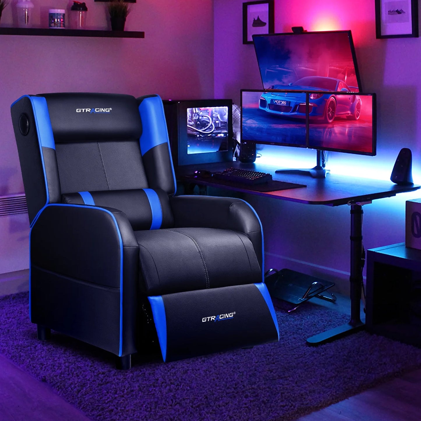 Gaming Recliner Chair Bluetooth Speakers Footrest Racing Style Single Living Room Sofa PU Leather Home Theater Seating Massage Lumbar Support, Blue
