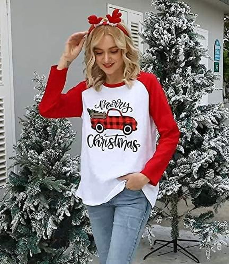 Christmas Shirts for Women Christmas Long Sleeve Raglan Shirt Christmas Plaid Truck Tree Graphic Splicing Top Red