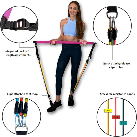Portable Pilates Bar Kit with Resistance Bands, 6 Stackable Tension Ropes, Adjustable Strap Length, Foot Loops, Home Workout Equipment for Women. Fitness Exercises for Strength Training.