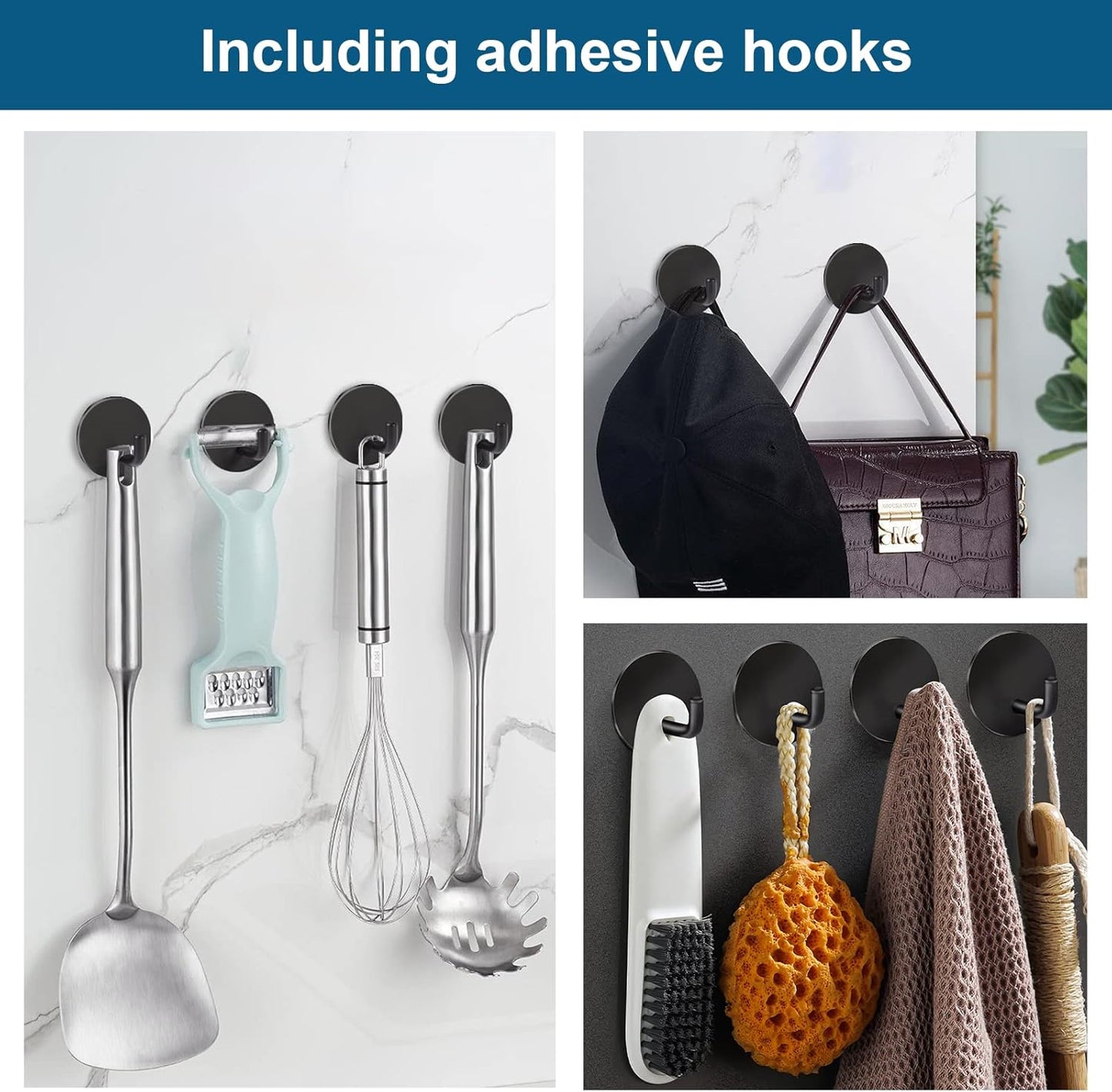 Razor Holder 304 Stainless Steel for Shower + Adhesive Sticky Heavy Duty Waterproof Wall Hooks, Premium for Hanging Towels, Coat, Hat (2+2 Pack) - Black