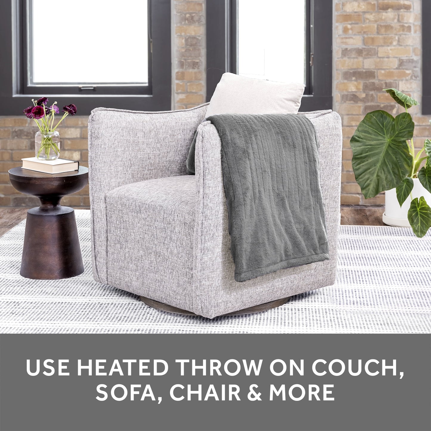 Grey Faux Fur Heated Electric Throw Blanket
