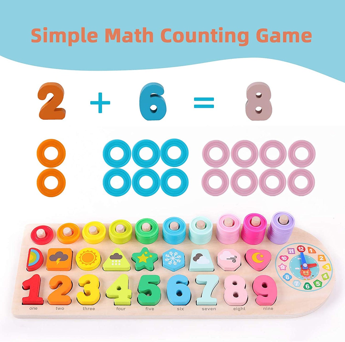 Preschool Educational Learning Montessori Toys for Kids, Toddler Puzzles Number Shape Sorter Counting Stacker with Clock Weather, Boys Girls Activities Math Game Gift for Age 3 4 5 Years