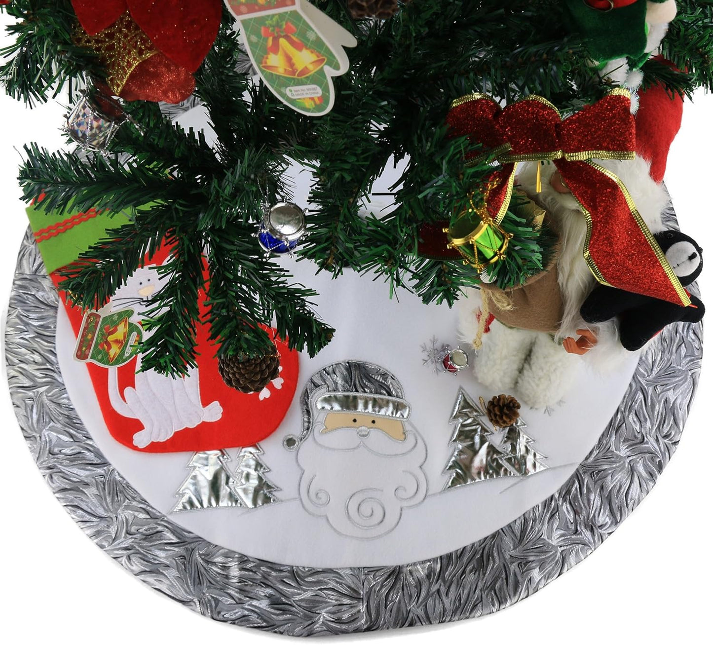 36'' Luxury Silvery Christmas Tree Skirt Santa Embroidered White Santa Claus Snowflake with Satin Border Xmas Tree Skirt Christmas Tree Ornaments Gifts
