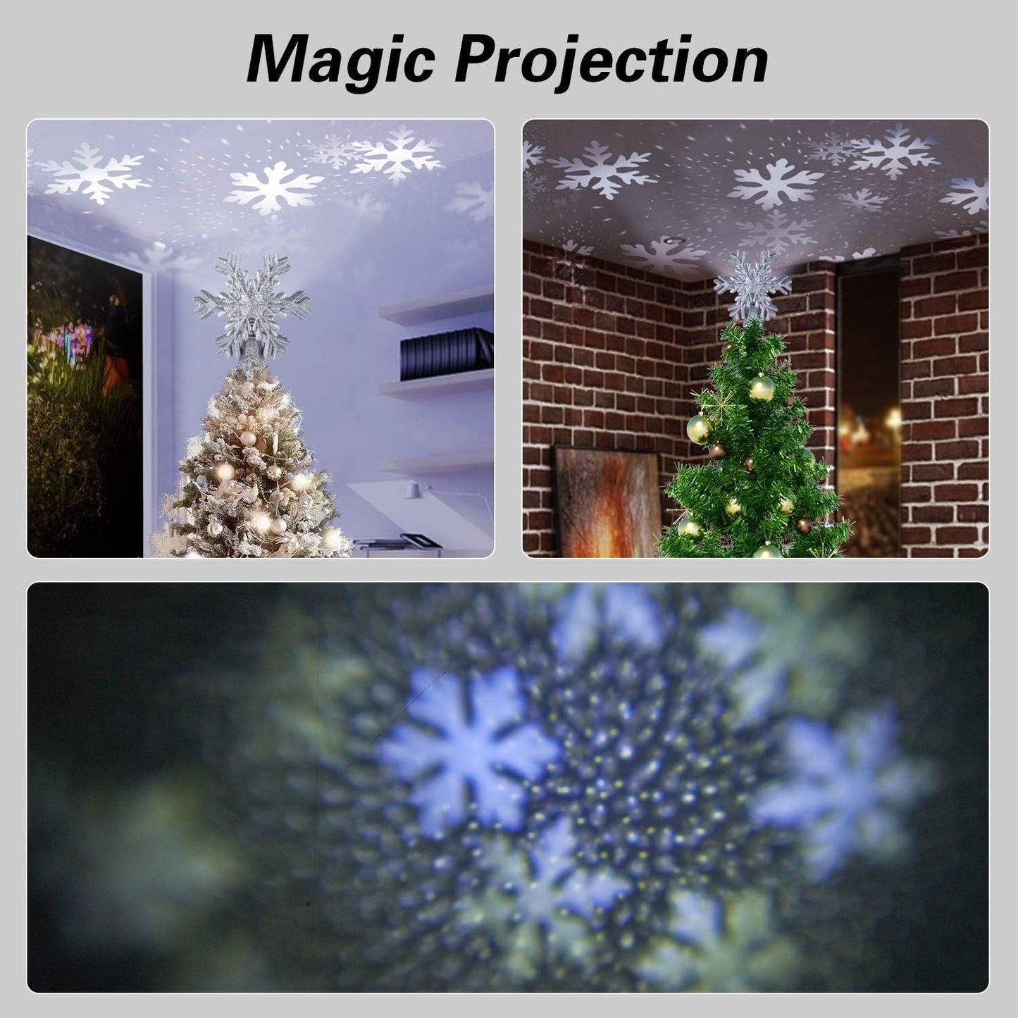 Christmas Tree Topper, Star Tree Topper Lighted Indoor with Rotating 3D Silver Snowflake LED Projector Hollow Glitter Lighted for Xmas Tree Christmas Decorations Holiday
