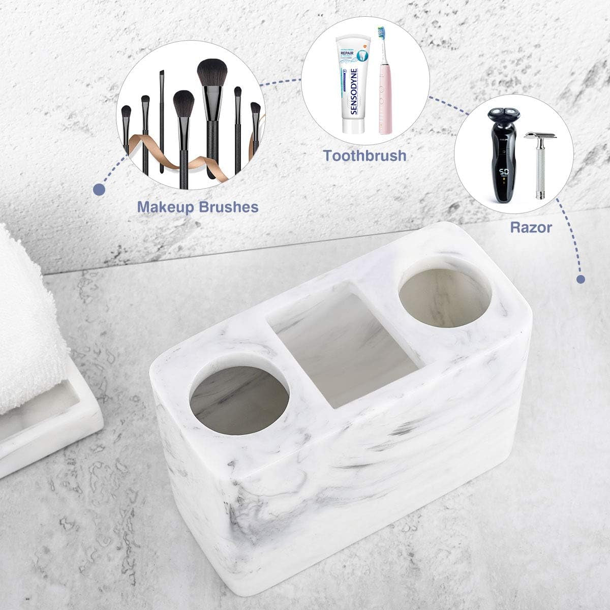 Electric Toothbrush Holder, 3 Slots Large Marble Toothbrush Toothpaste Stand, Resin Storage for Bathroom Accessories Vanity Counter Sink Organizer Caddy Marble Style- Ink White