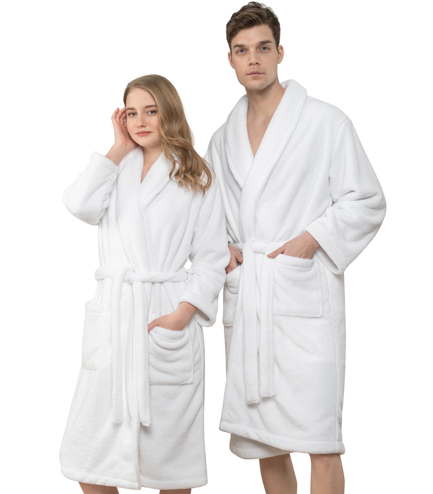 Men & Women Super Soft Fleece Bathrobe with Shawl Collar, Front Pocket, Waist Belt, M-L, White
