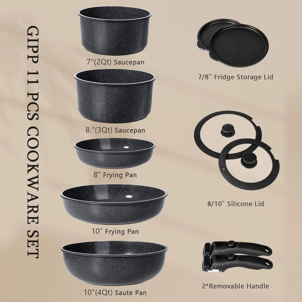 11 Piece Nonstick Ceramic Cookware Set with Detachable Handles