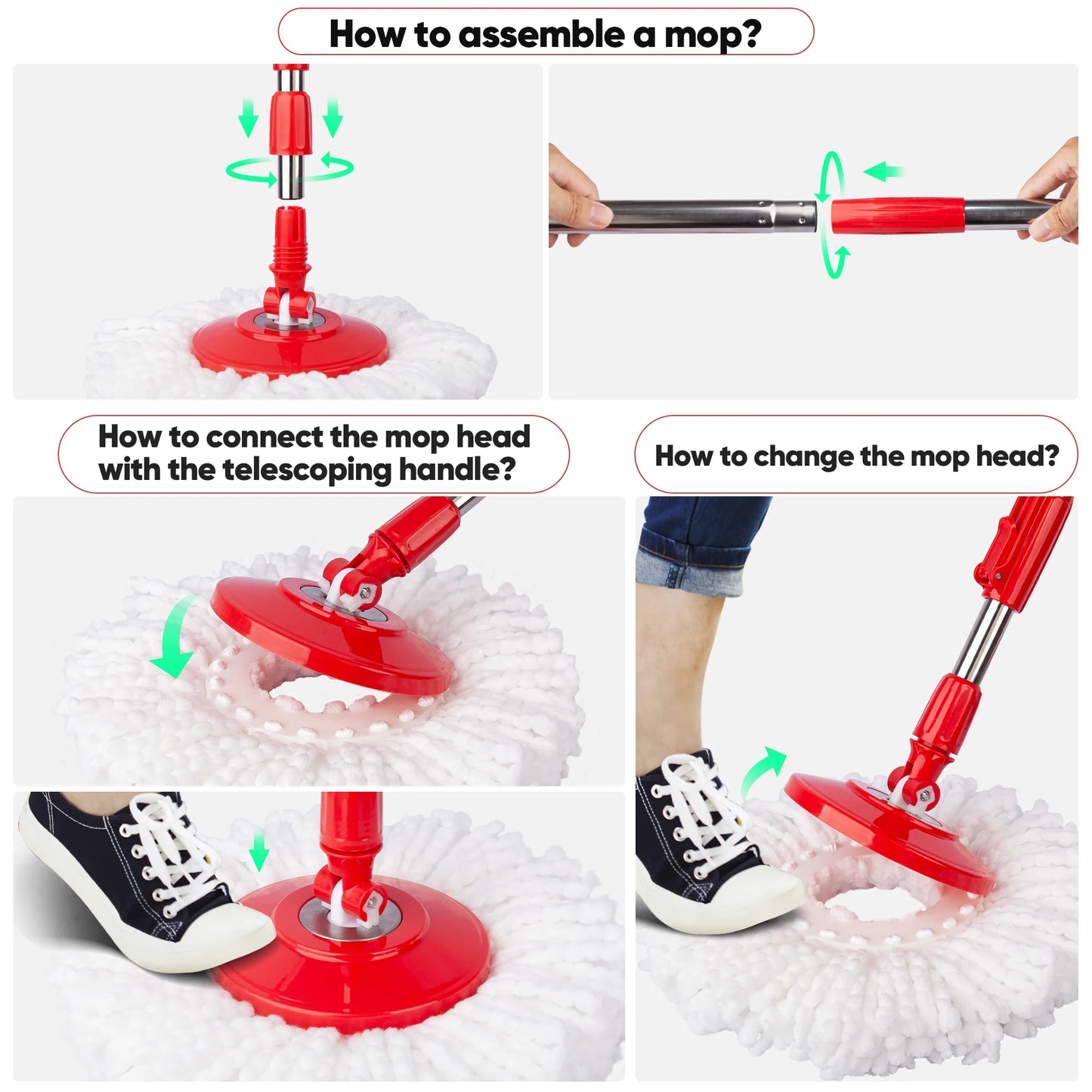 Spin Mop and Bucket System with Wringer Set for Floors with 3 Microfiber Mop Heads, Red