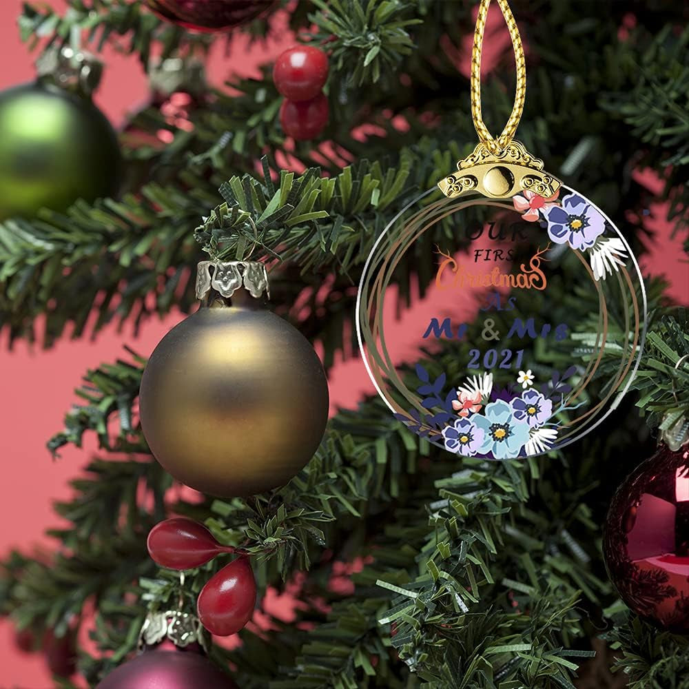 Our First Christmas as Mr & Mrs 2021 Christmas Tree Ornaments Crystal Glass Present for Newly-Married Couple Wedding Keepsake Ceremony Friends Christmas Tree Pendant Novelty Souvenir