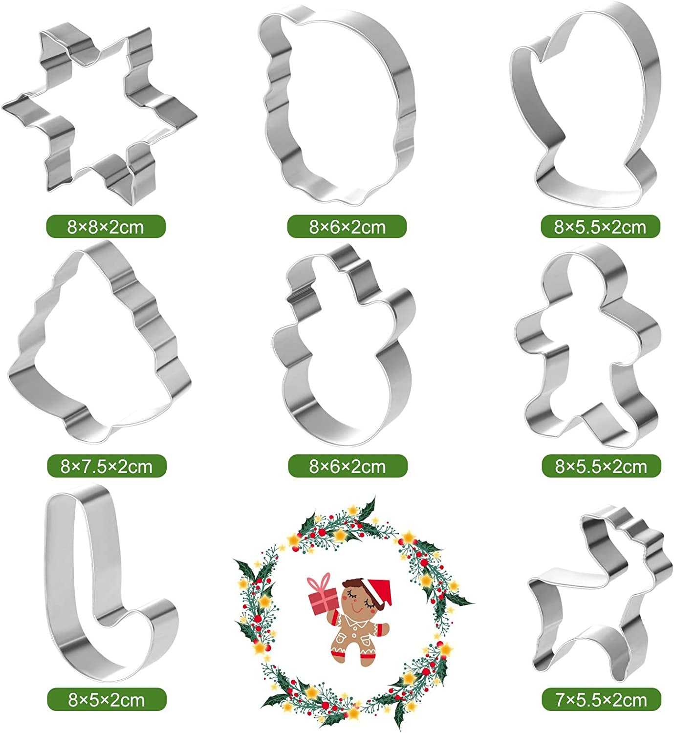 8PCS Christmas Cookie Cutters, Holiday Metal Cookie Cutters Christmas Shapes-Gingerbread, Christmas Tree, Snowflake, Santa Claus Cookie Cutter and More for Baking Xmas Holiday Party