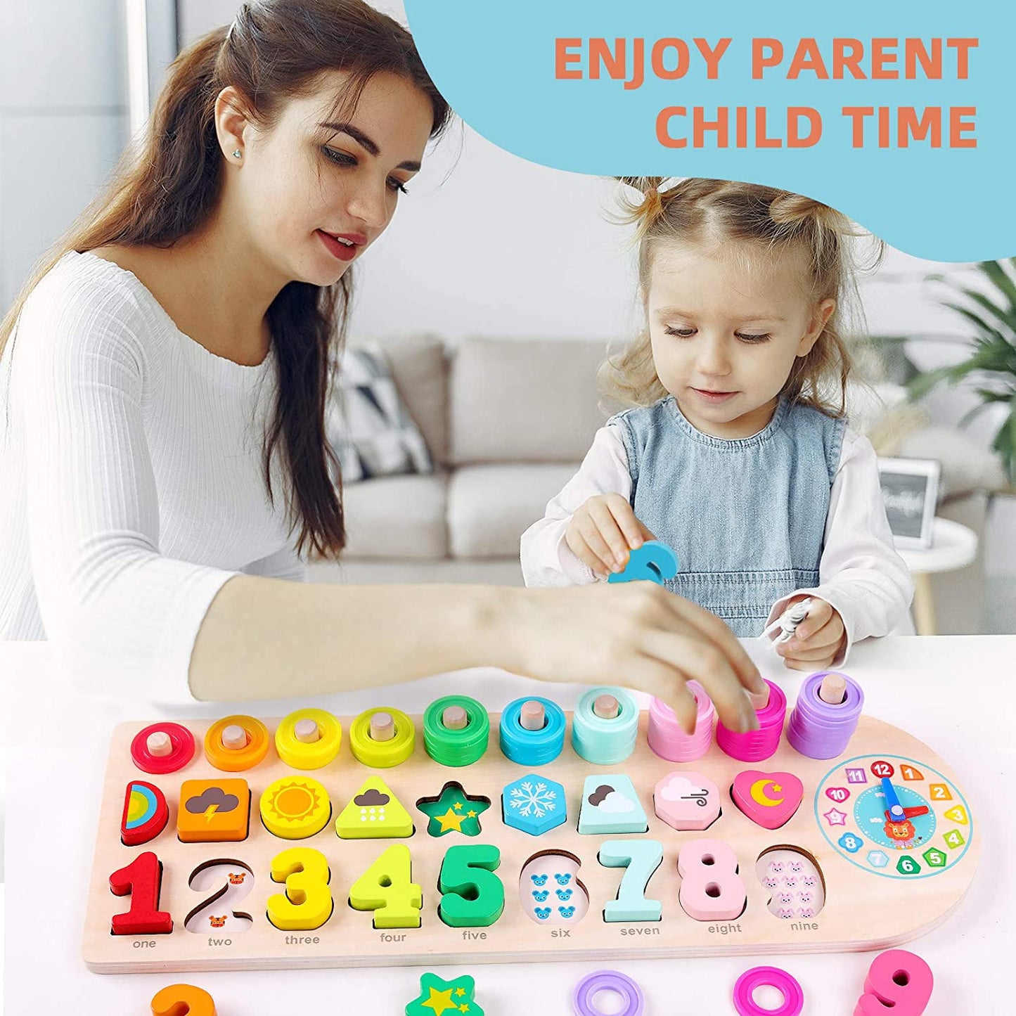 Preschool Educational Learning Montessori Toys for Kids, Toddler Puzzles Number Shape Sorter Counting Stacker with Clock Weather, Boys Girls Activities Math Game Gift for Age 3 4 5 Years