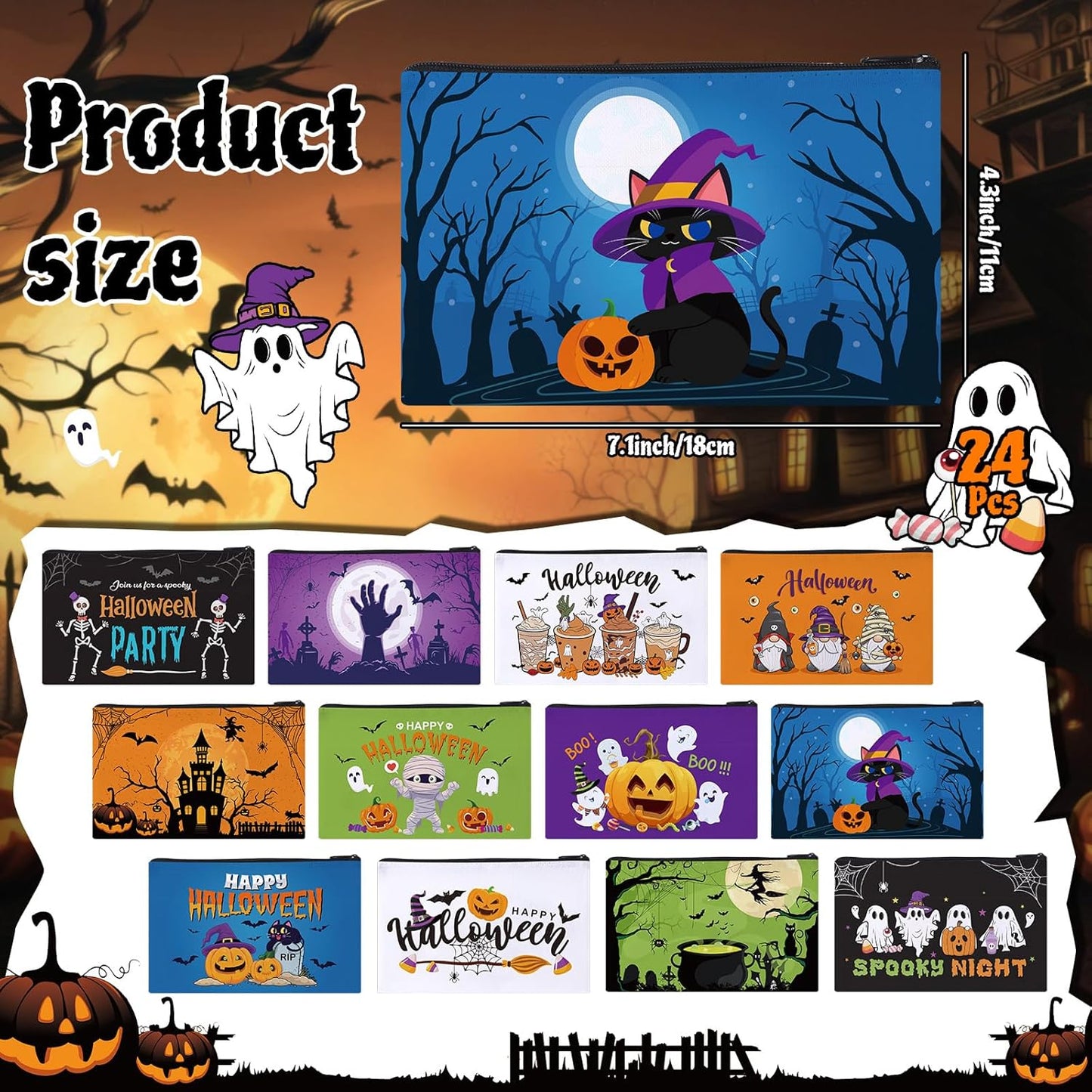 24 Pcs Cosmetic Bags Makeup Bags Bulk Cute Portable Pouches with Zipper Travel Toiletry Organizer Purse Women'S Gift Birthday Party Favors(Halloween)
