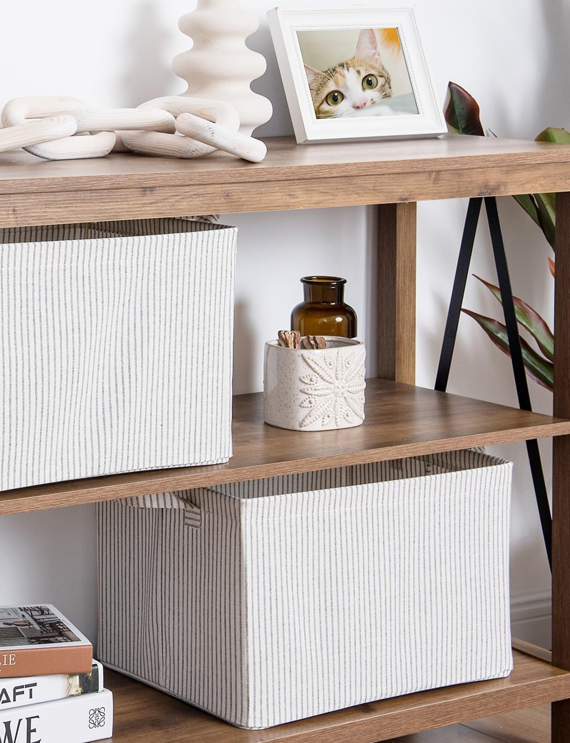 Storage Bins, Fabric Storage Bins for Shelves, Large Storage Baskets with Metal Frame, Closet Baskets and Bins with Handles, Gray and White Stripes, 2-Pack