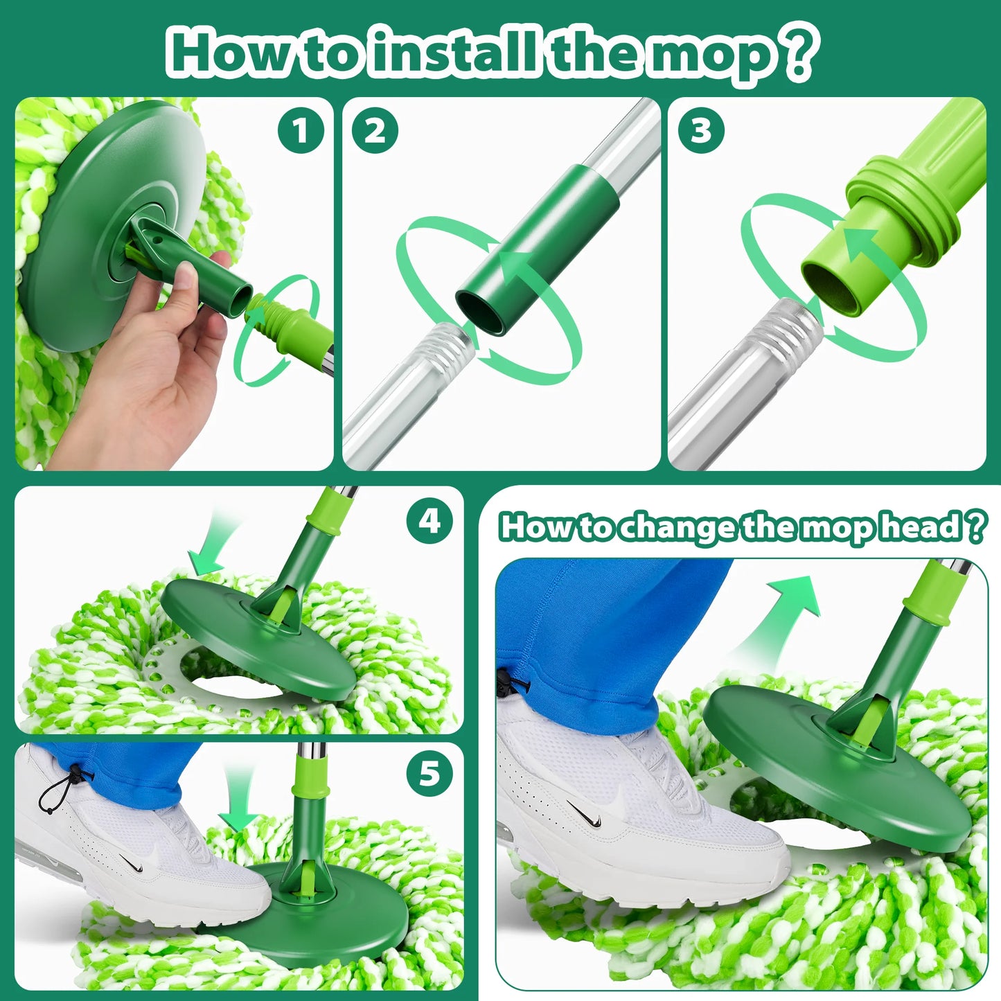 Spin Mop and Bucket System with Wringer Set for Floors Cleaning, 6 Refill Mop Pads