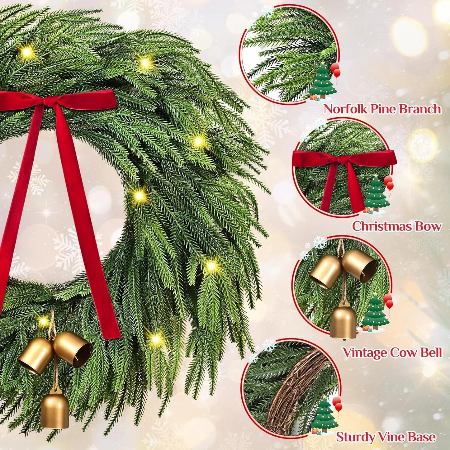 Norfolk Christmas Wreath with Lights,24 Inch Pre-Lit Artificial Holiday Wreath with Bow & Bells, Battery Operated, Front Door Christmas Decorations Indoor Outdoor