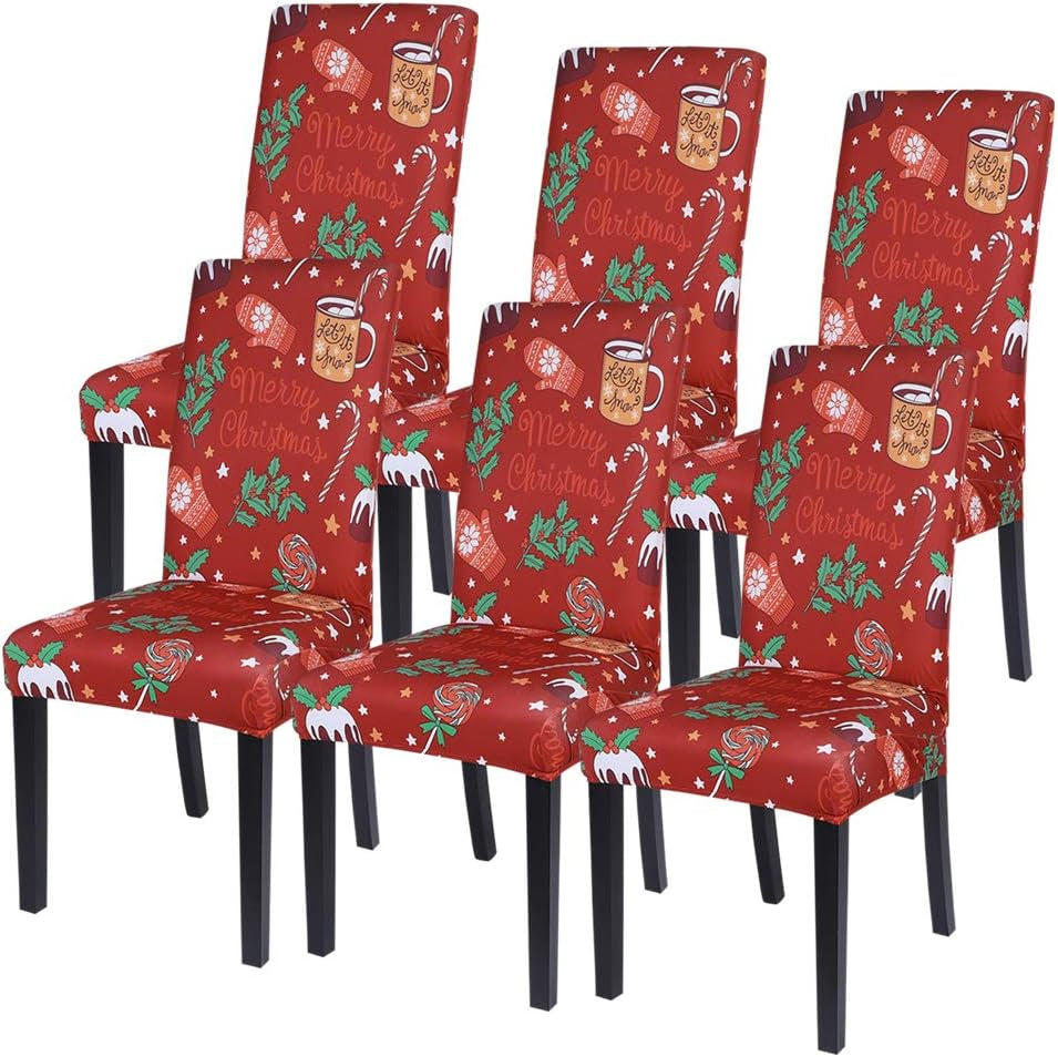 Christmas Dining Chair Covers Set of 6,Stretch Printed Kitchen Chair Cover Washable Spandex Xmas Parsons Chair Protector Slipcovers for Christmas Decoration,Holiday Party(Xmas Red)