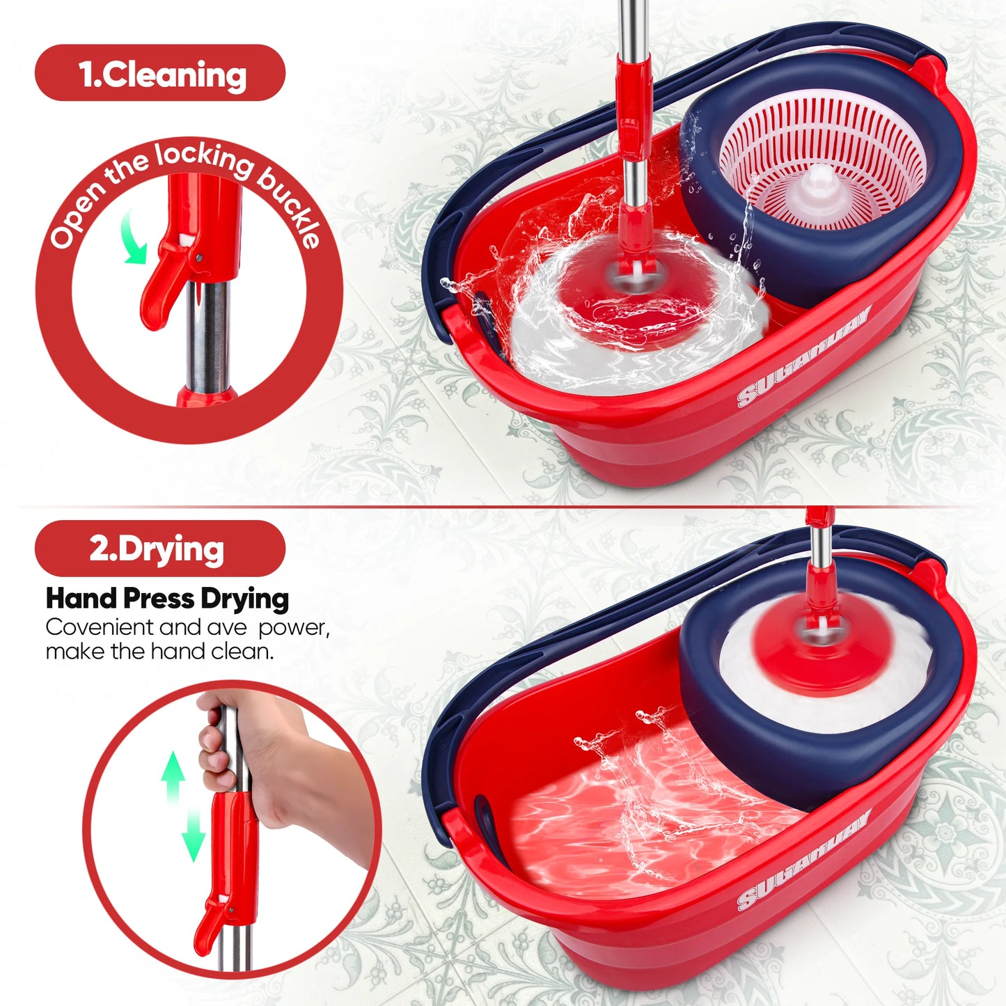 Spin Mop and Bucket System with Wringer Set for Floors with 3 Microfiber Mop Heads, Red